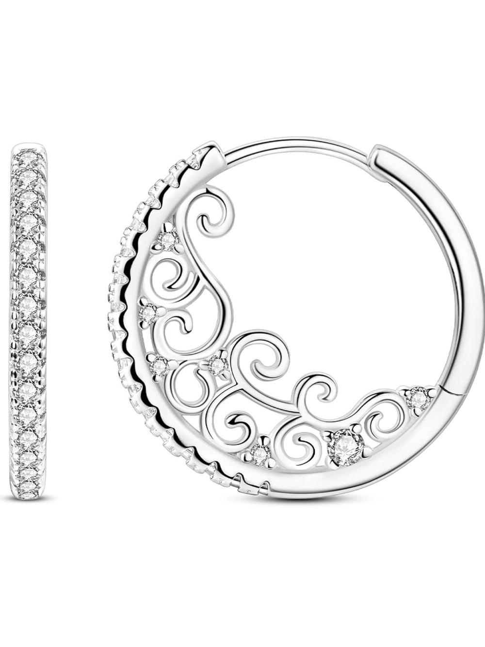 Sterling Silver Filigree Hoop Earrings with Crystal Accents - White